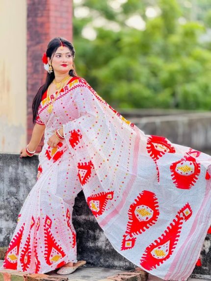 Half silk block print sharee